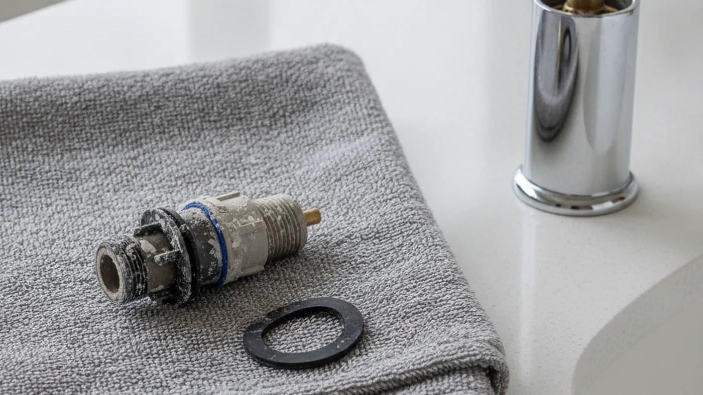 Worn faucet cartridge with mineral scale and a flattened rubber washer on a folded towel beside a chrome faucet handle body