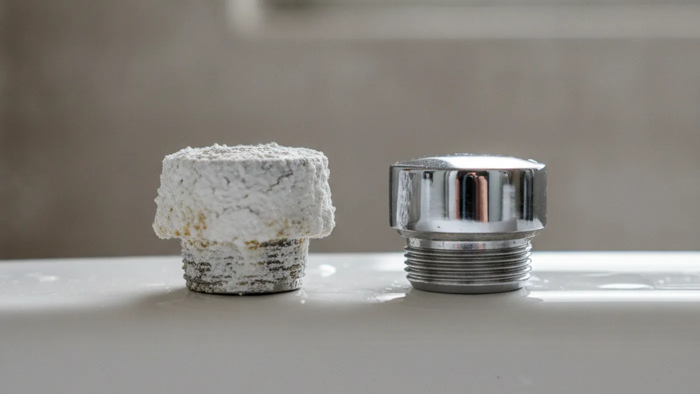 Faucet aerator crusted with white hard water scale beside a clean replacement aerator on the edge of a bathroom sink