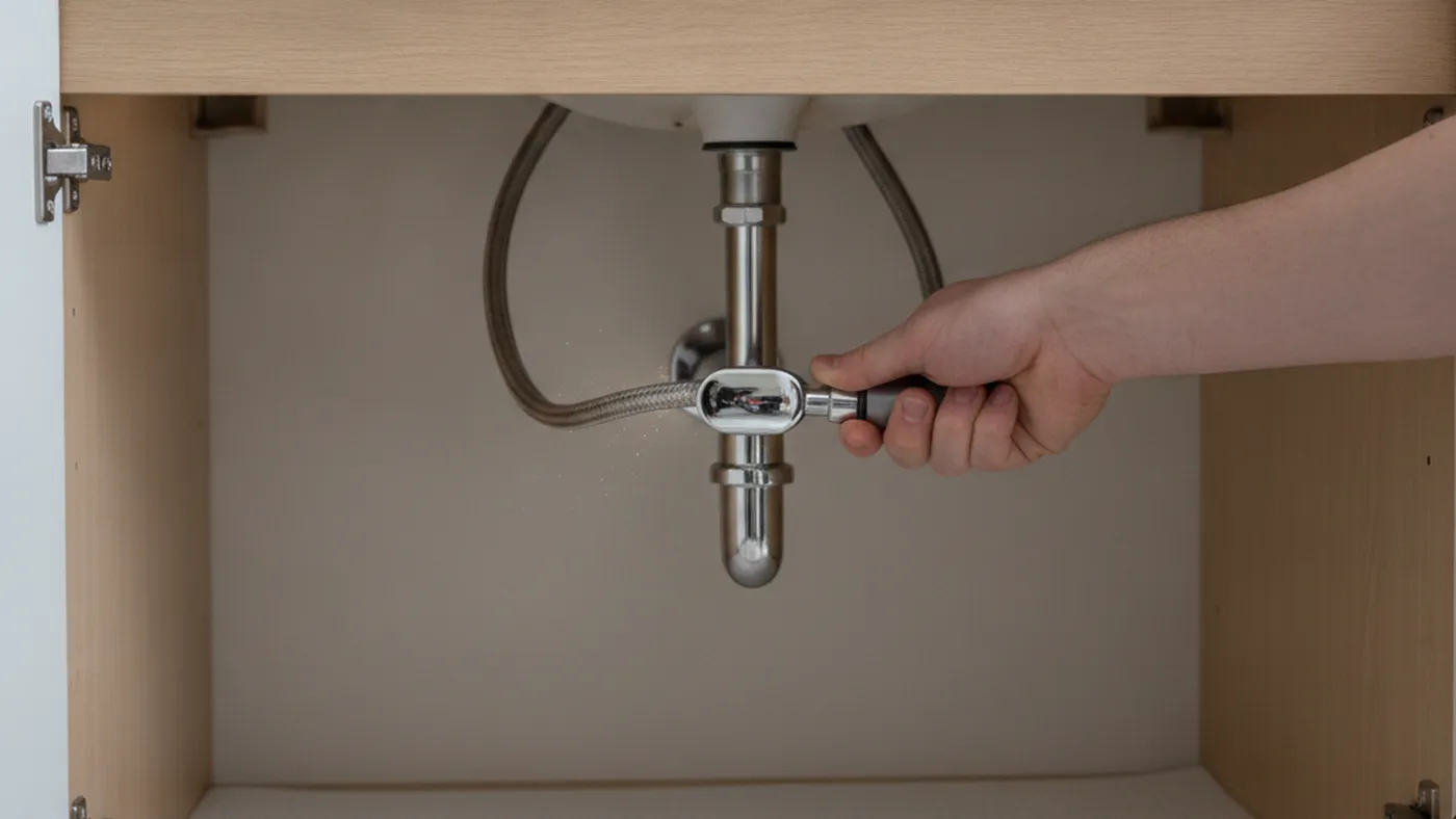 Hand turning a chrome shut-off valve on the supply line under a bathroom sink before a faucet repair