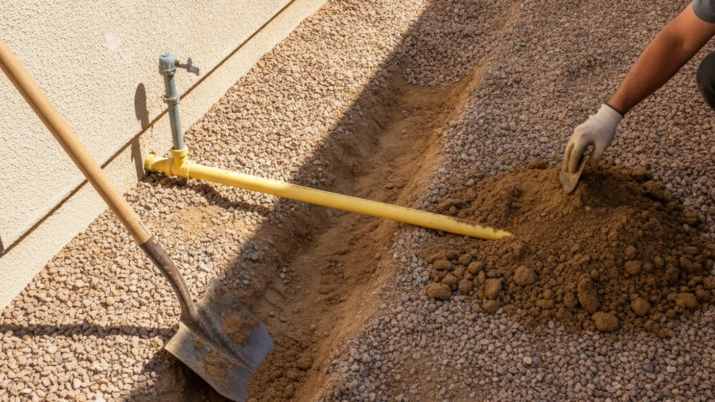 Hand-dug trench in a Las Vegas gravel side yard exposing a yellow buried gas line running away from the meter riser
