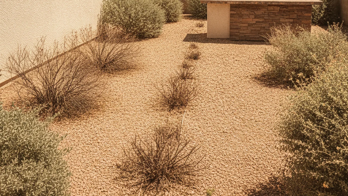Strip of dead desert shrubs in a line across a Las Vegas gravel backyard toward a BBQ island, a possible sign of a buried gas line leak