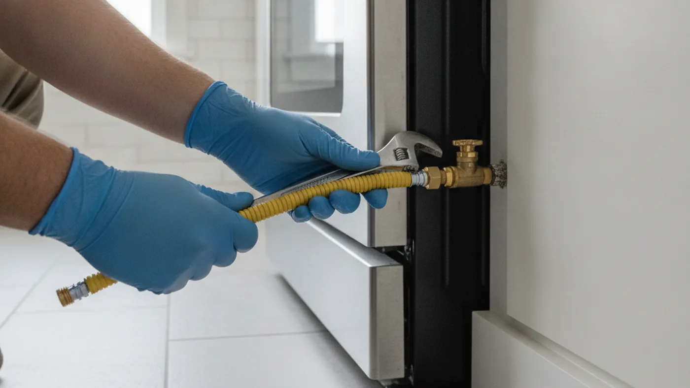 Plumber's gloved hands connecting a yellow flexible gas connector to a shut-off valve behind a kitchen range pulled out from the wall