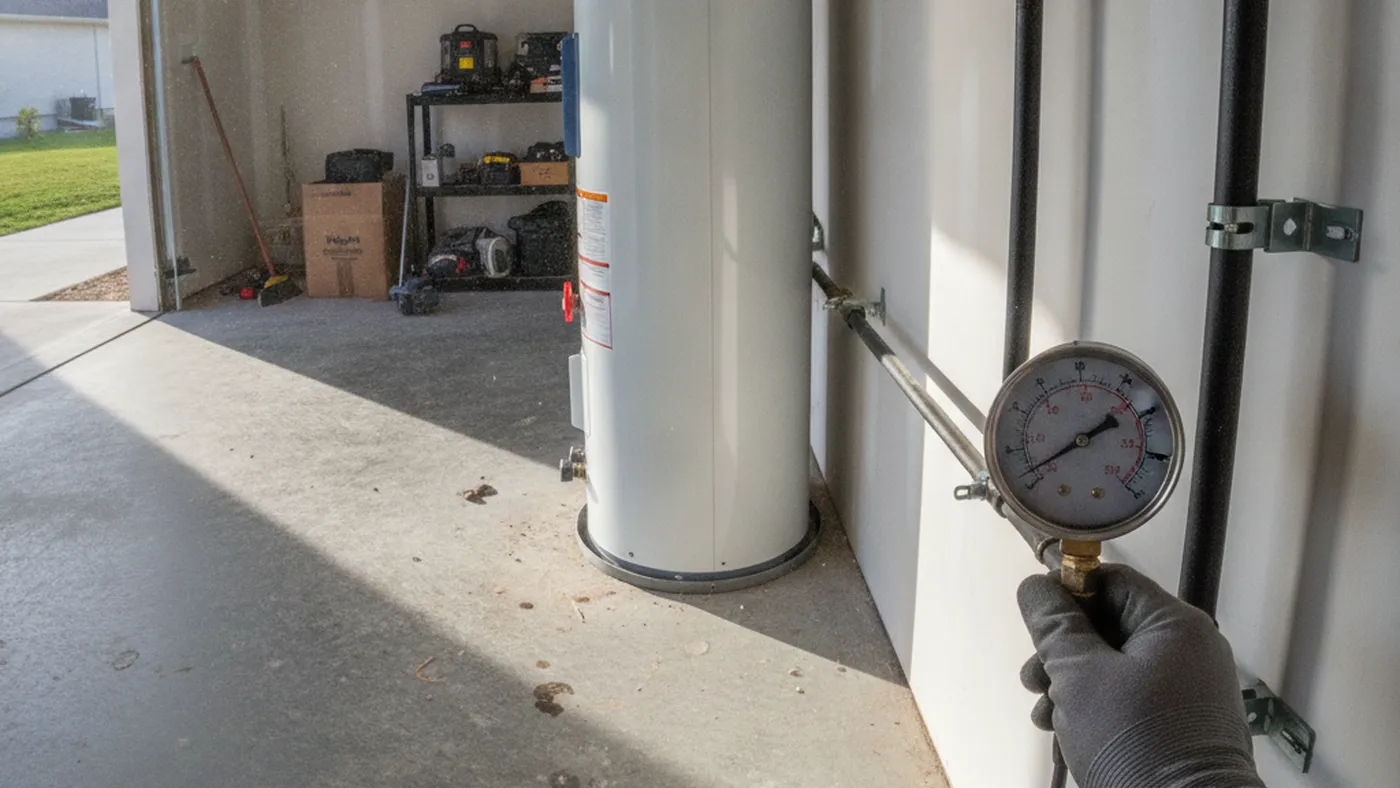 Gloved hand holding a pressure gauge on newly installed gas piping along a garage wall beside a water heater