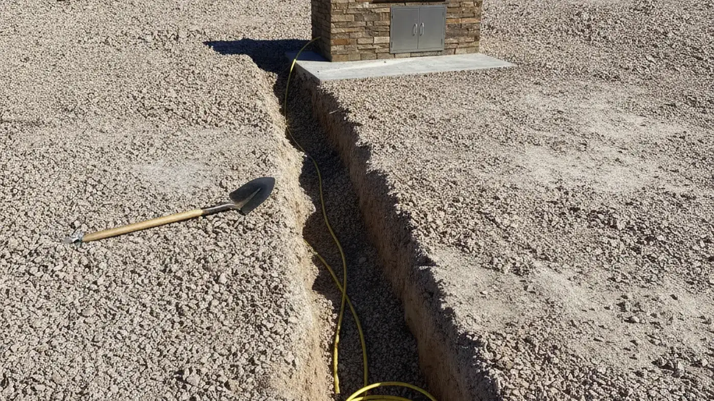 Narrow trench dug across a gravel desert backyard toward a stone BBQ island, with yellow gas pipe being laid in it