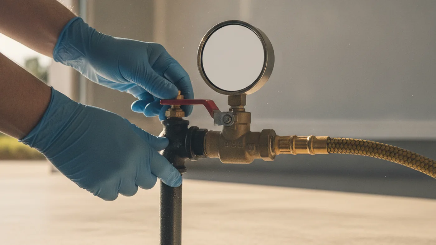 Gloved hands connecting a pressure test gauge to a gas pipe shutoff valve in a Las Vegas garage