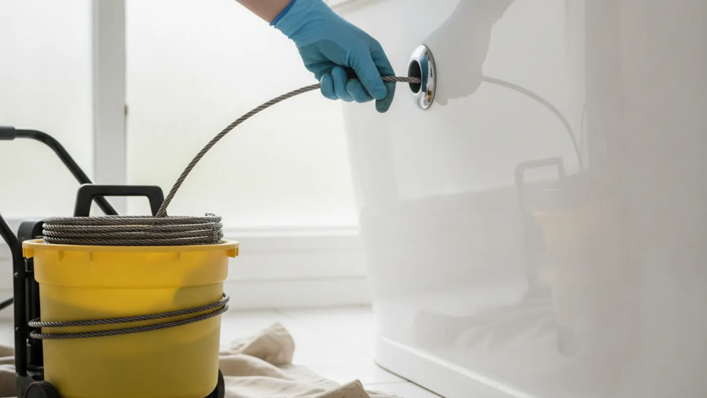 Gloved hand feeding a motorized drain snake cable into a bathroom tub drain, with the cable drum resting on a drop cloth