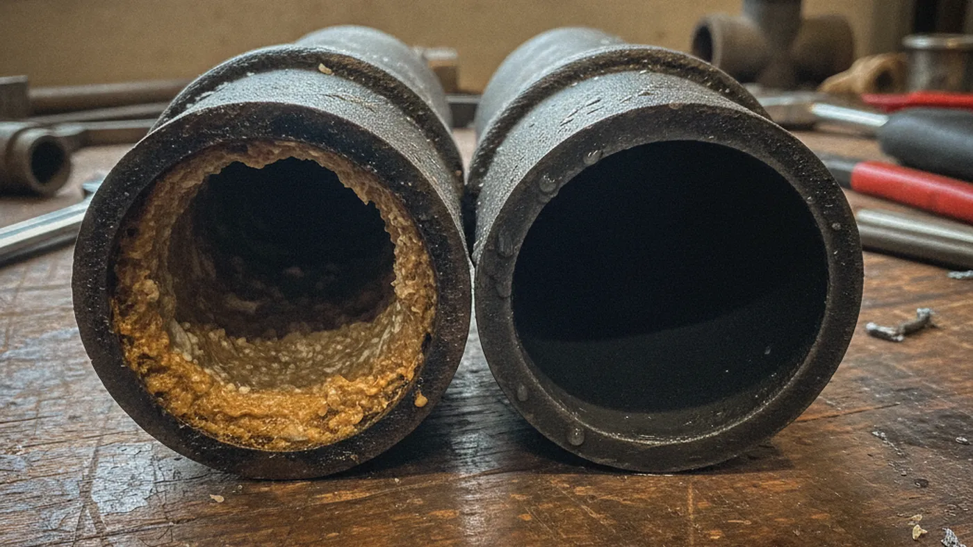 Two sections of old cast-iron drain pipe on a workbench, one coated inside with hardened grease and scale and one scoured clean