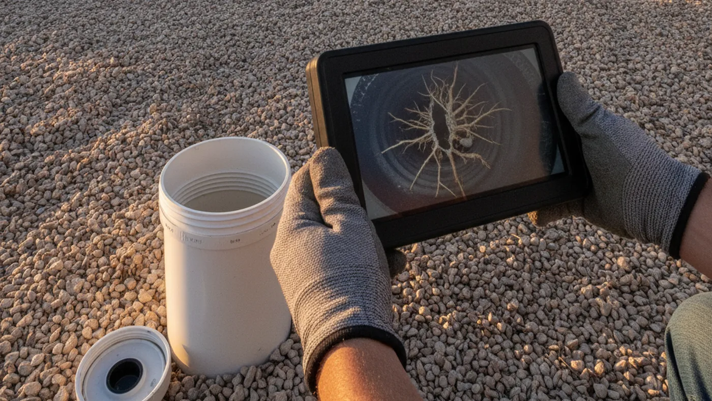Gloved hands holding an inspection monitor showing fine tree roots inside a sewer pipe, next to an open cleanout in a gravel desert yard