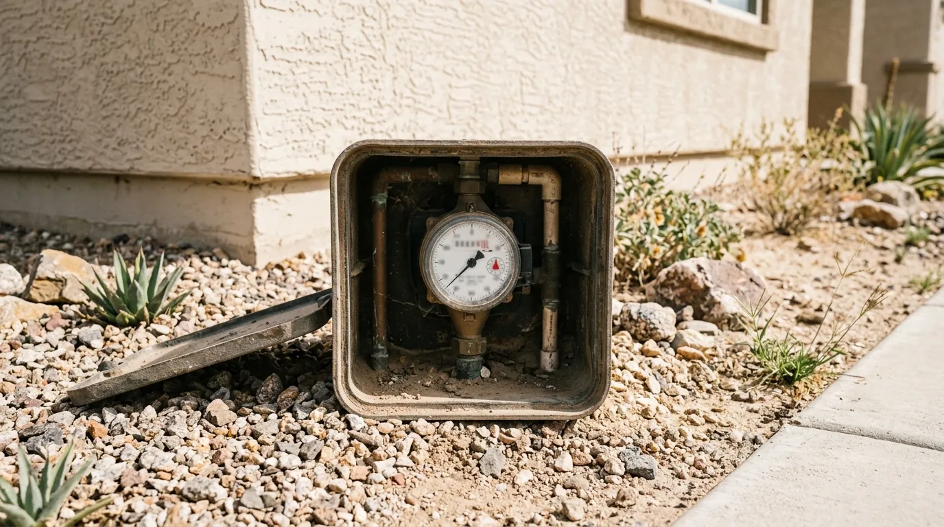 Open residential water meter box set in desert gravel landscaping in front of a Las Vegas home