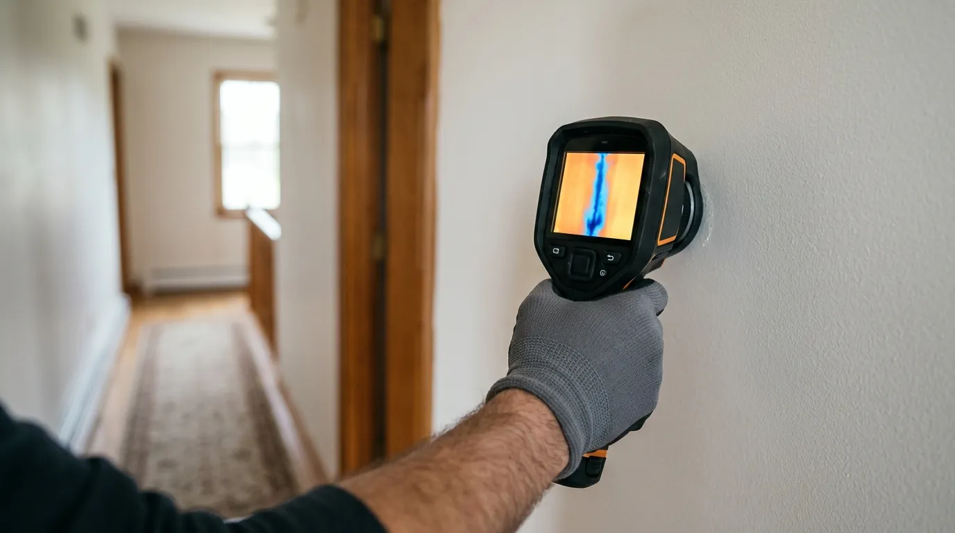 Handheld thermal imaging camera held in front of a drywall wall, the screen showing a moisture pattern from a hidden pipe