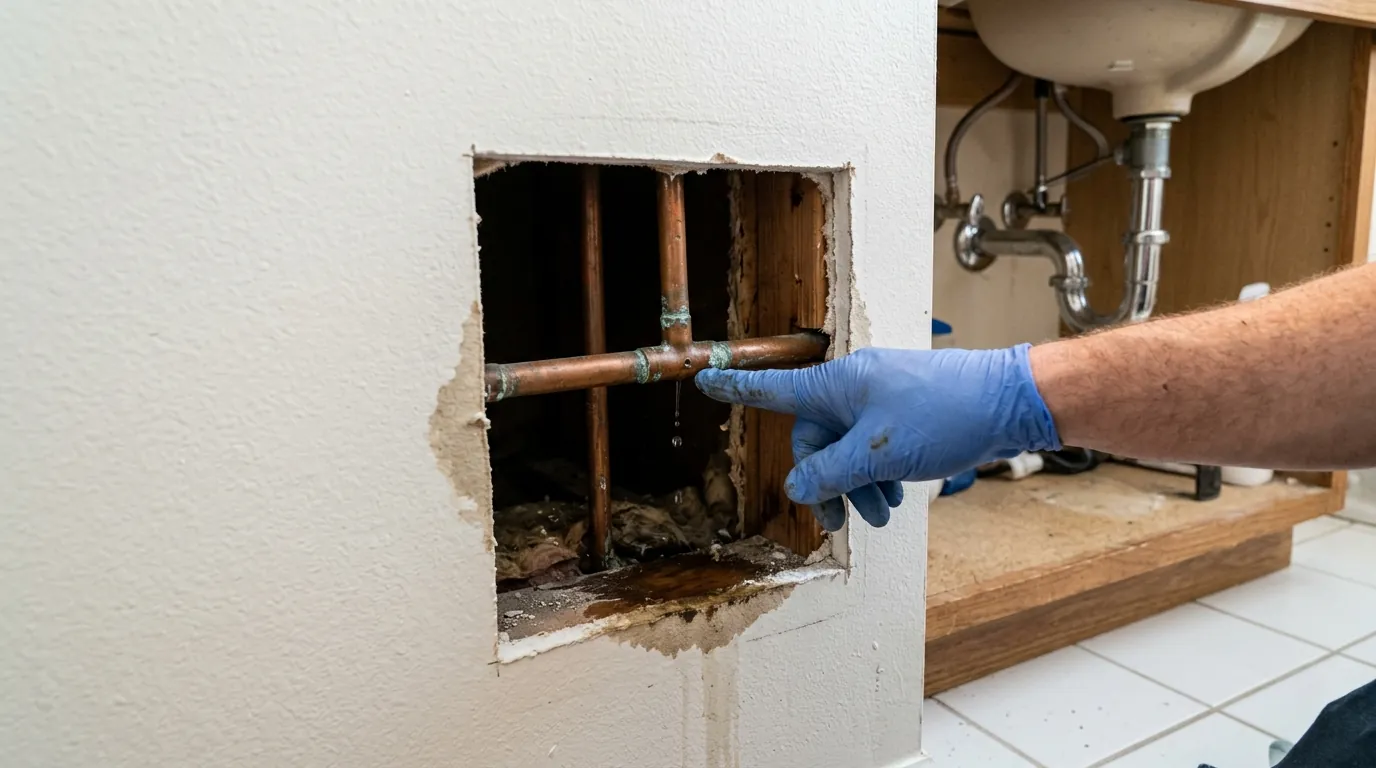 Small square access opening cut in drywall exposing a copper pipe with a pinhole leak