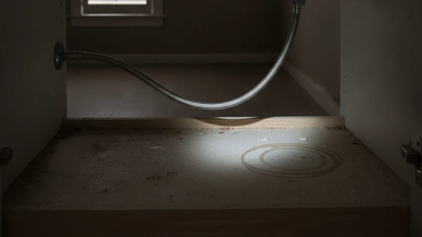 Under a bathroom sink in an empty house, a braided supply line and shut-off valve lit by a torch beam, everything dry