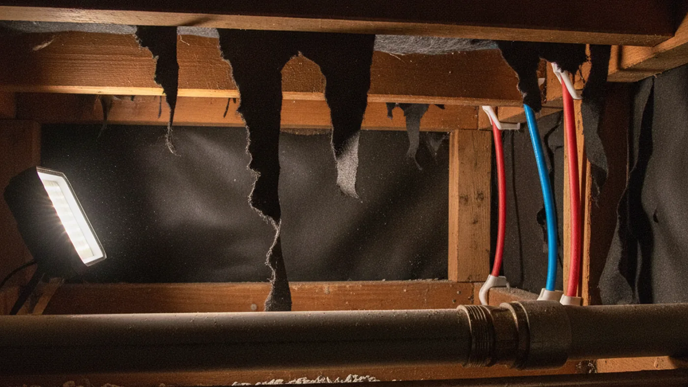 Older grey plastic water pipe beside new red and blue PEX supply lines under the floor of a manufactured home