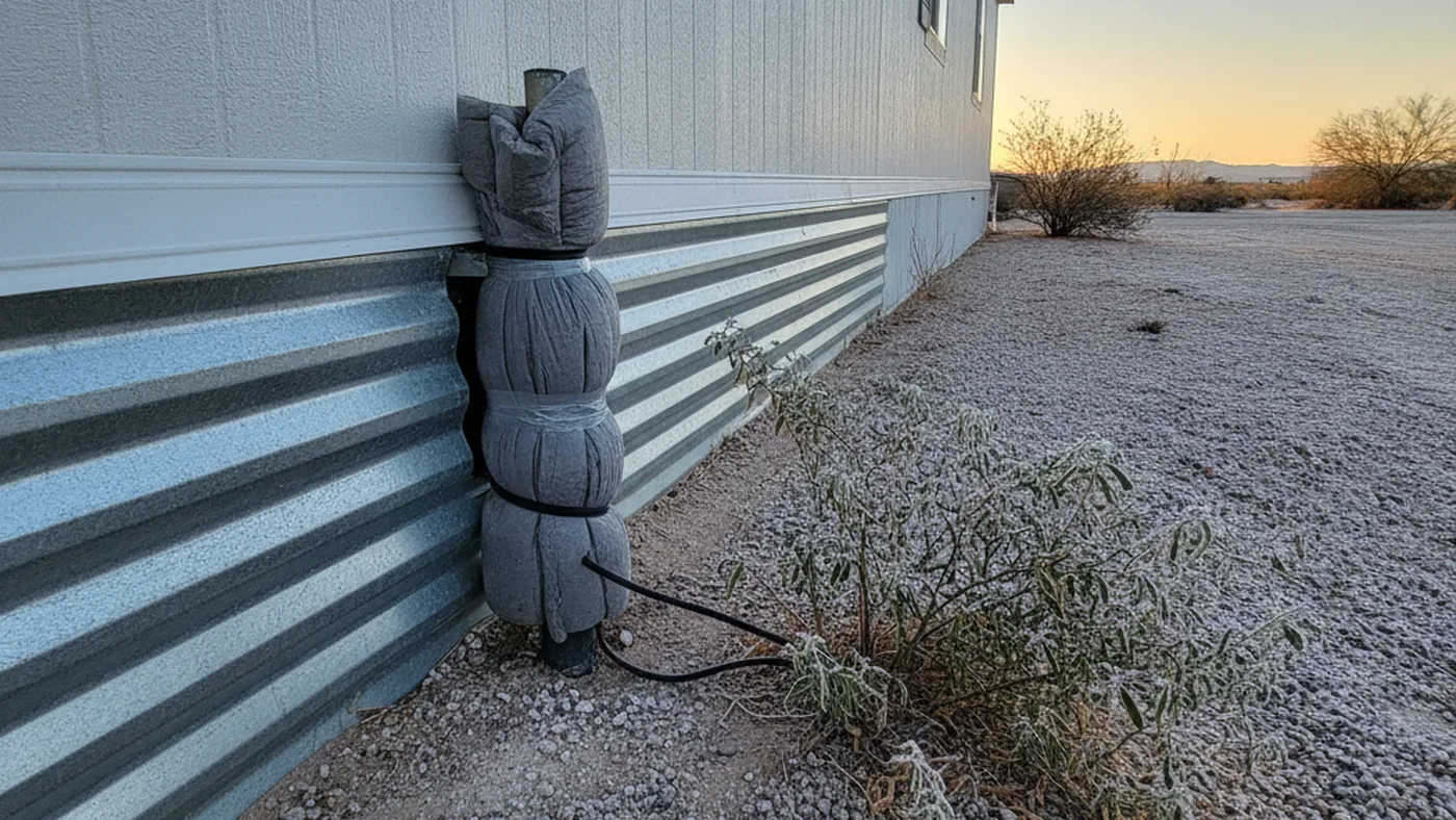 Insulated water inlet pipe wrapped with a heating cable beside the skirting of a manufactured home on a frosty desert morning