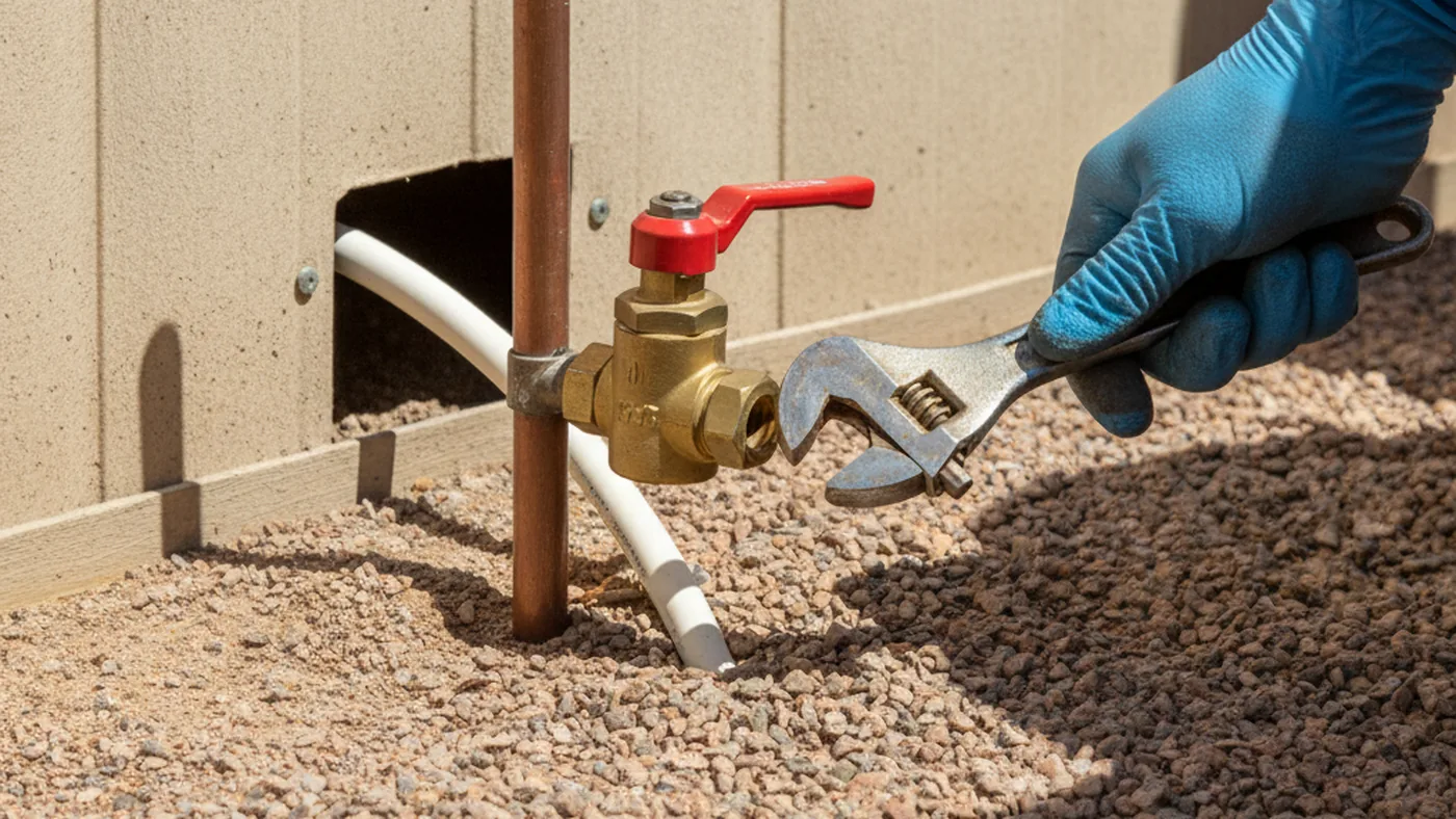 Gloved hand tightening a valve on the water supply inlet beside the skirting of a Las Vegas manufactured home