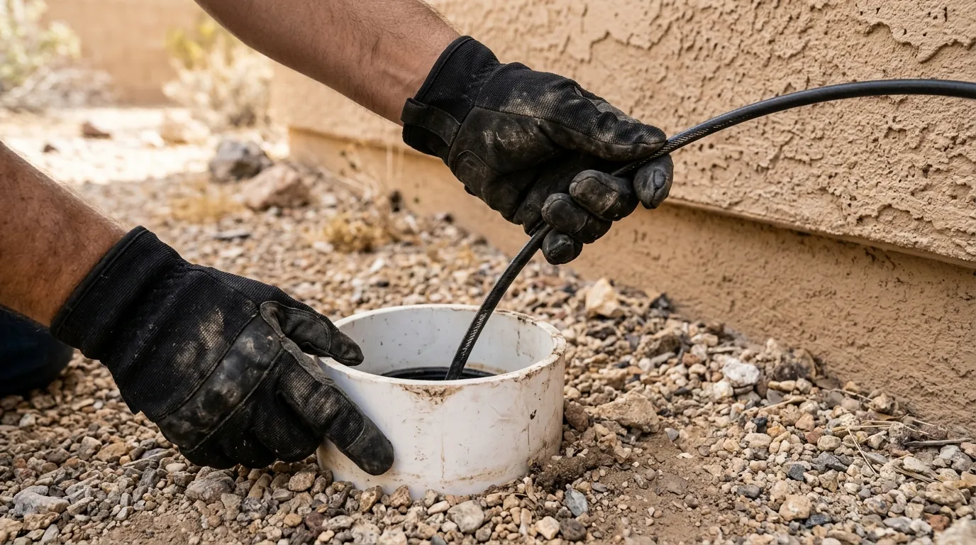 Plumber feeding a sewer inspection camera cable into a ground-level cleanout beside a stucco house with desert gravel landscaping