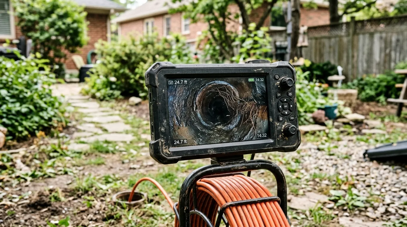 Monitor screen showing a camera view inside a sewer pipe with fine tree roots growing through a joint