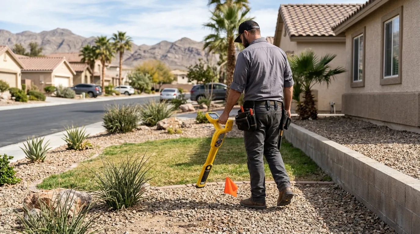 Plumber holding a handheld sewer line locator wand over a front lawn and gravel border, marking the ground with a small flag