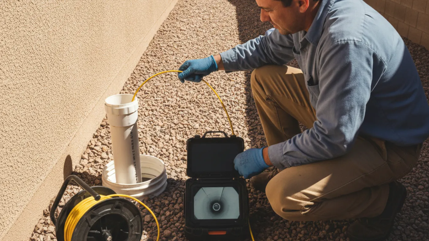 Sewer camera monitor showing the inside of a lateral during an inspection at a Las Vegas home
