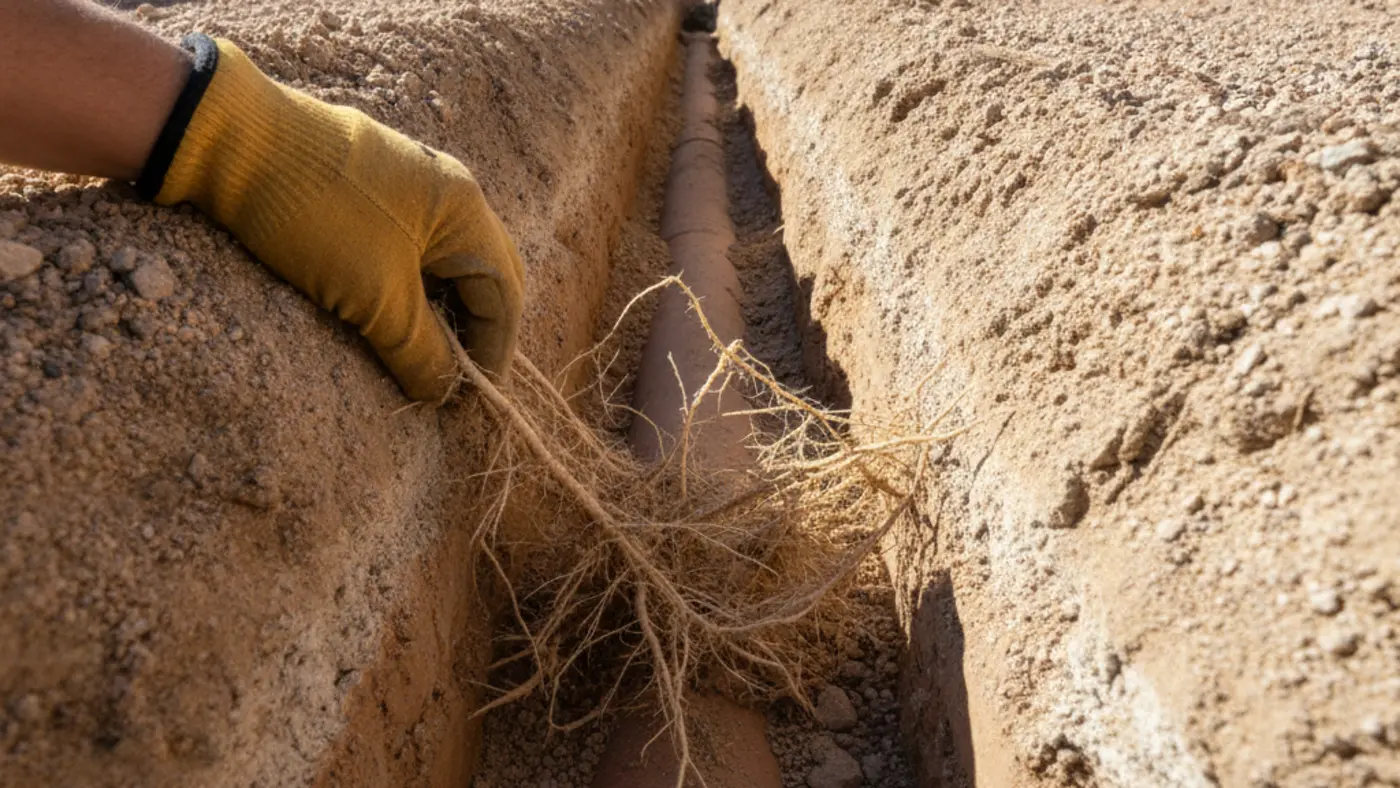 Fine roots entering the joint of an excavated sewer lateral in a desert yard