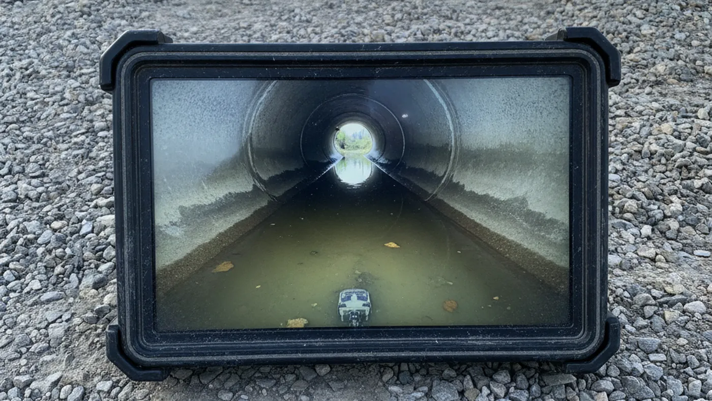 Sewer inspection monitor on a gravel yard showing standing water collected inside a buried pipe
