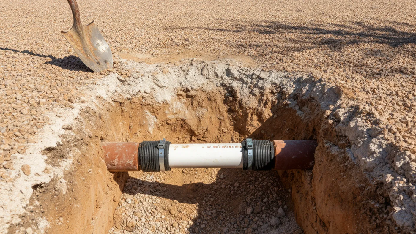 Excavated trench in a desert-landscaped yard exposing an old sewer pipe with a new white PVC section joined in with couplings