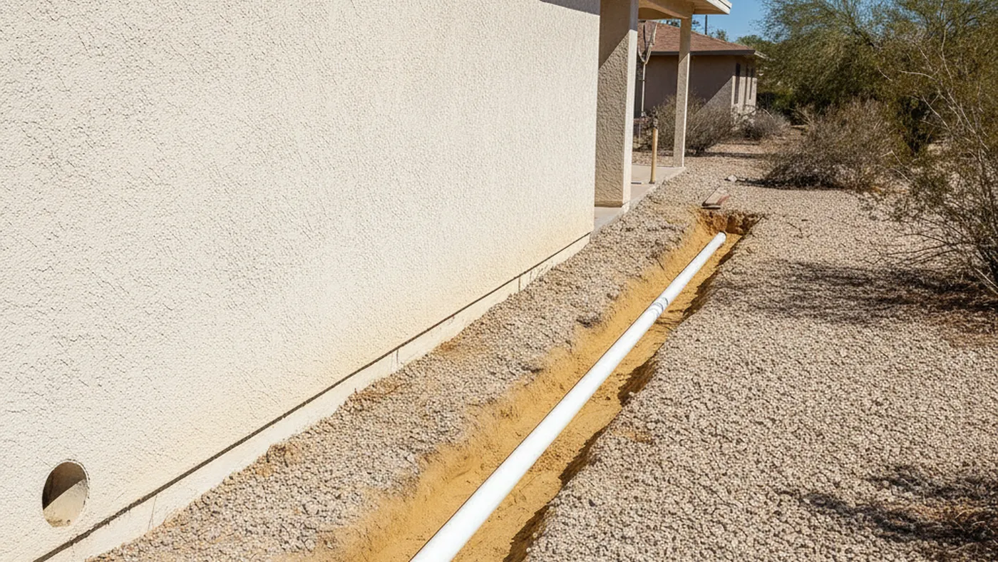 New white PVC sewer pipe laid in an open trench alongside a stucco desert home before backfill