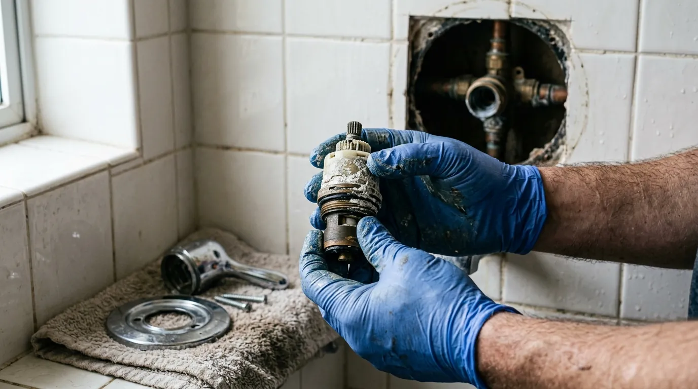 Plumber's gloved hands holding a worn shower valve cartridge with mineral scale, removed from the valve in a tiled wall