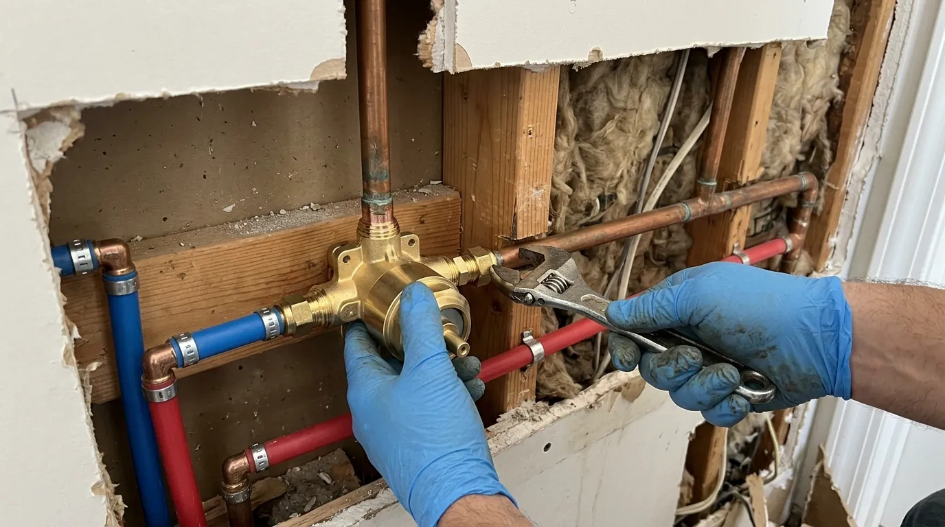 Shower wall opened from behind through an access panel, showing supply lines connected to a new brass pressure-balancing shower valve