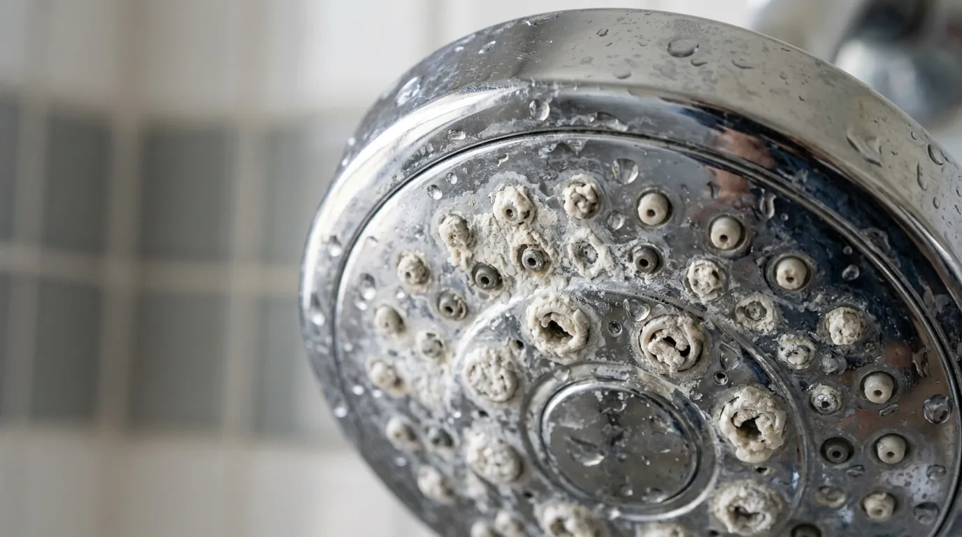 Close-up of a chrome showerhead crusted with white hard water mineral deposits