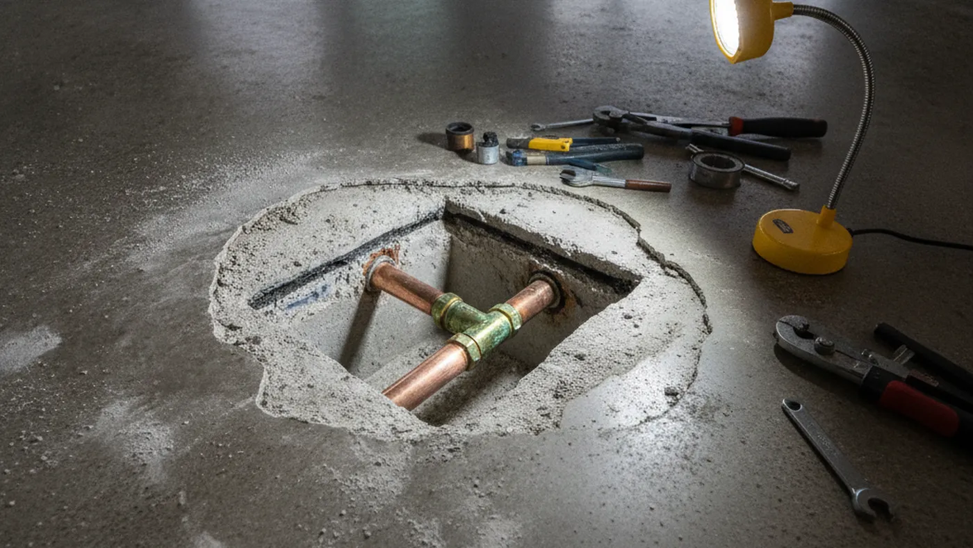 Opening cut into a concrete slab floor exposing a repaired copper water line, with tools and a work light beside it
