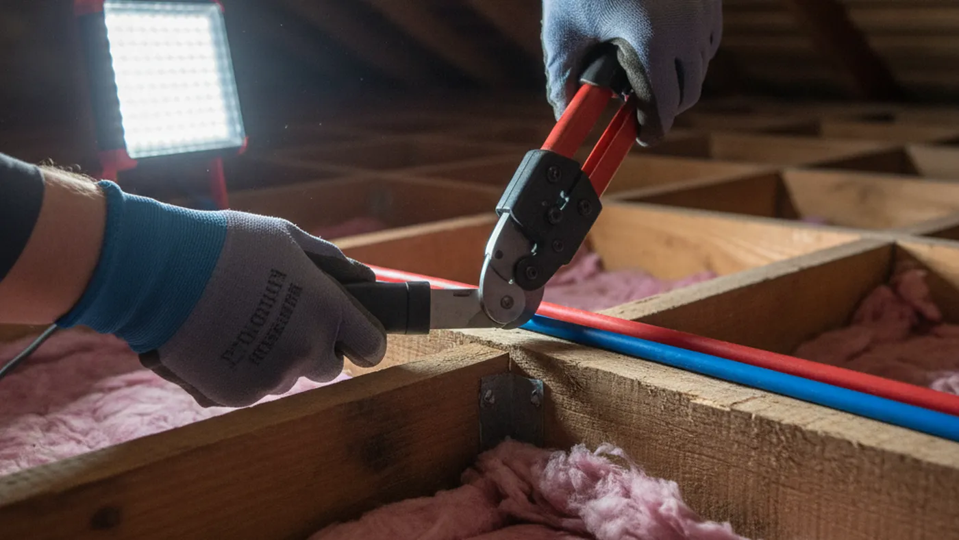 Gloved hands fastening new red and blue PEX water lines across attic joists, with insulation pulled back below