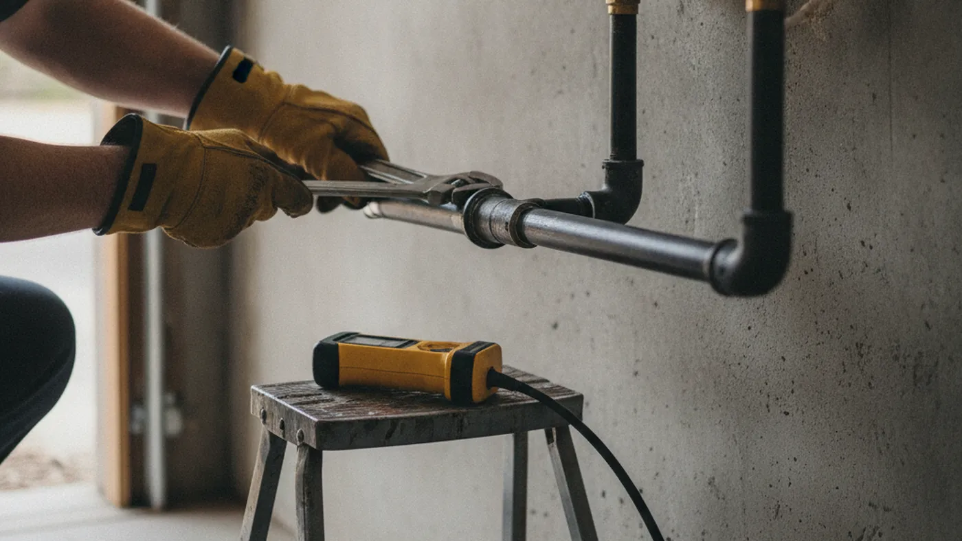 Gloved hands tightening a fitting on a new black iron gas pipe run beneath a wall-mounted tankless water heater, with a gas leak detector on a step stool