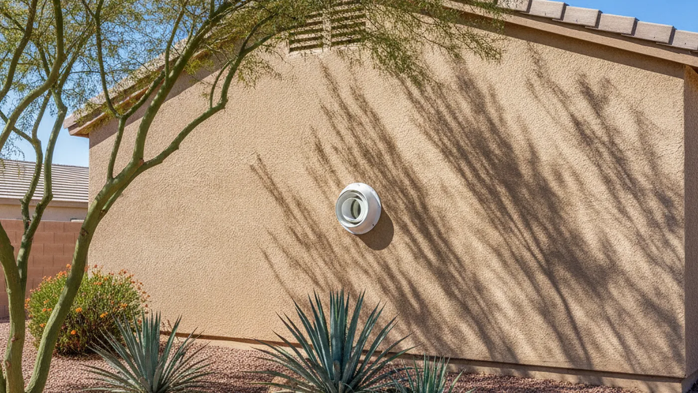 PVC vent termination for a tankless water heater on the stucco side wall of a single-story Las Vegas home, with desert landscaping below