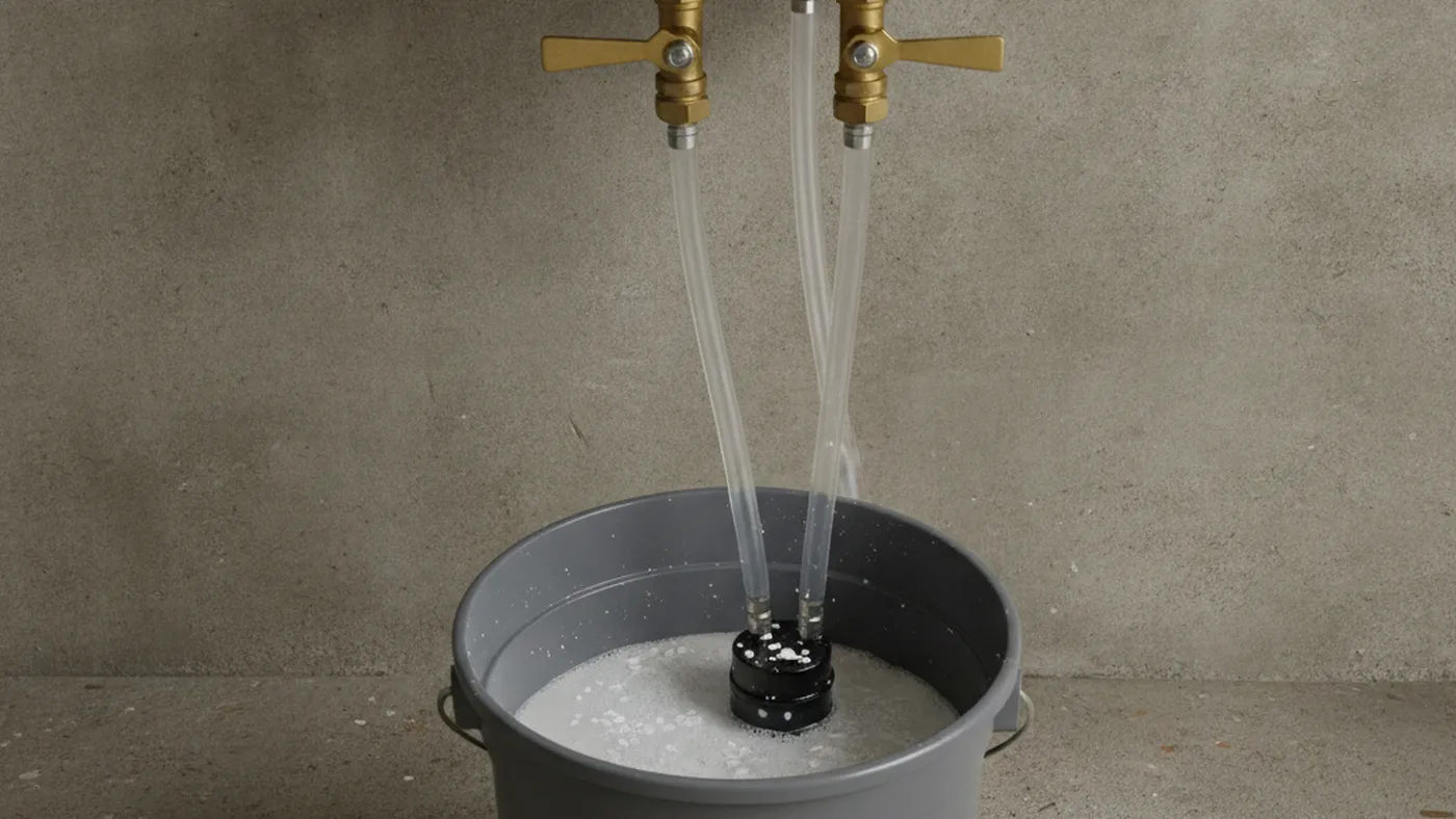 Descaling setup under a tankless water heater: service valves with clear hoses running to a small pump in a bucket of descaling solution with mineral flakes