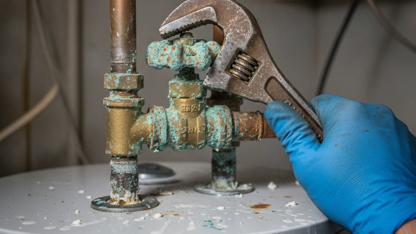 Corroded, seized brass gate valve on the copper line above a water heater, with a wrench held against it