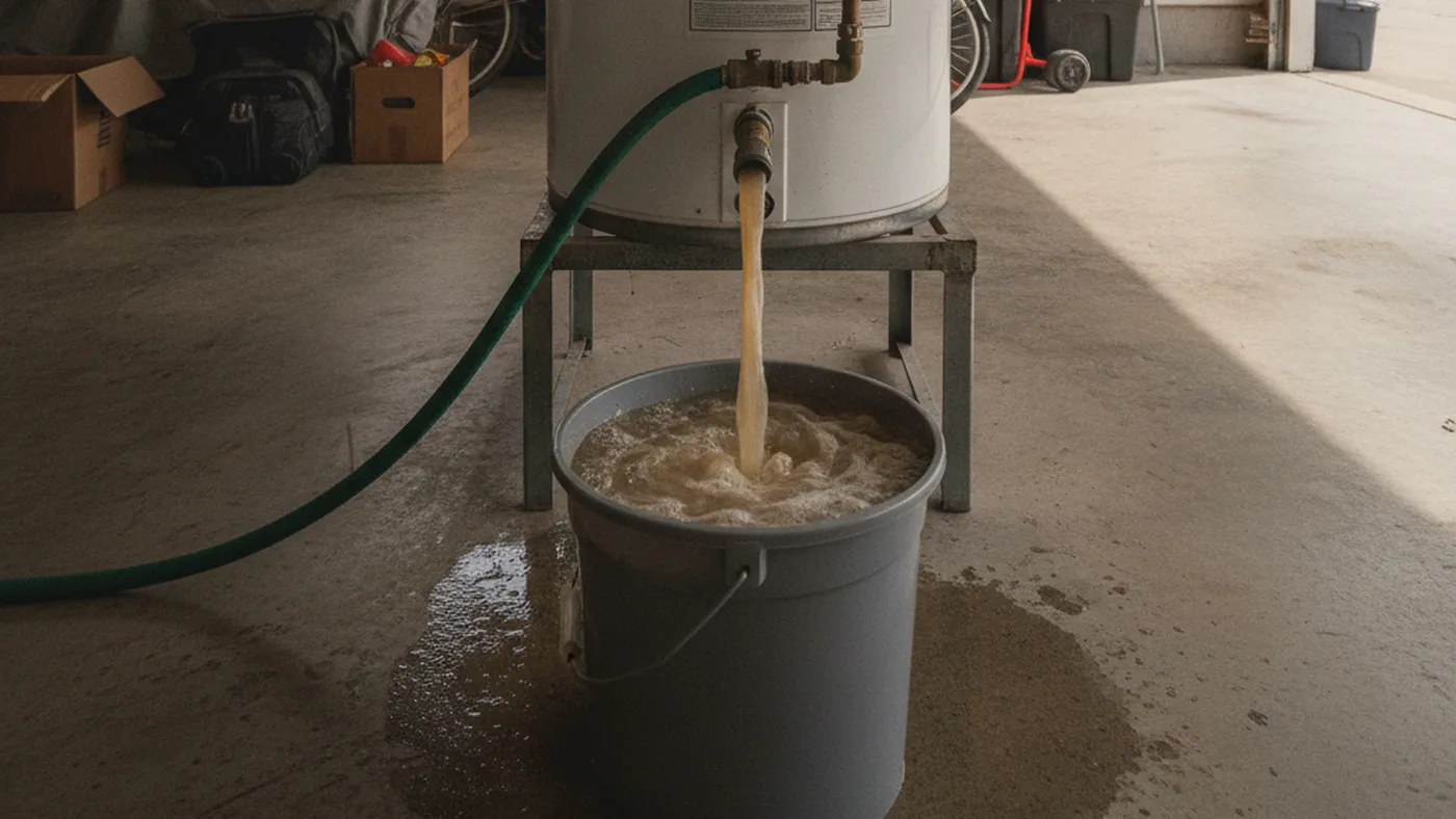 Cloudy, sediment-laden water draining from the valve at the base of a tank water heater into a bucket on a garage floor